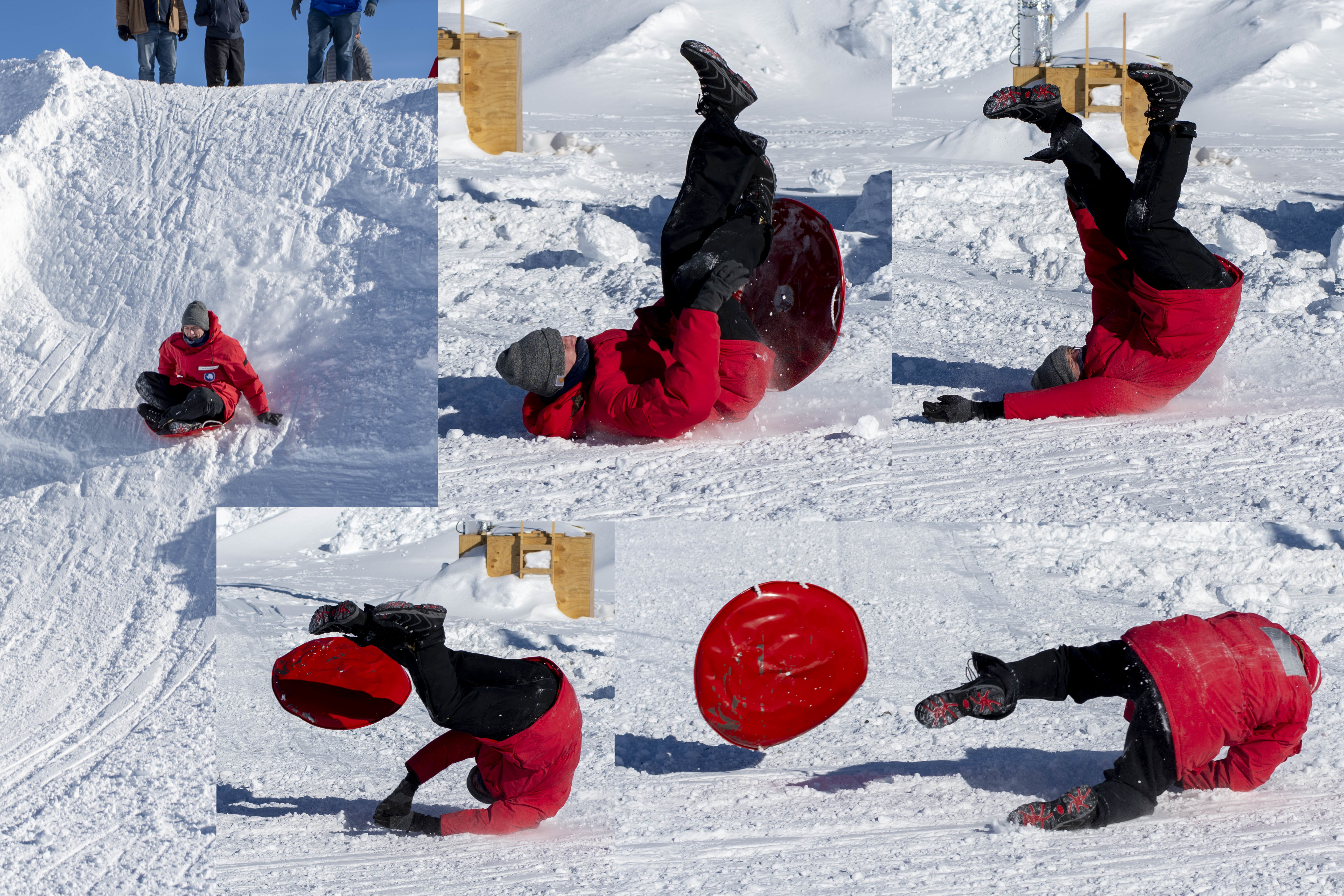 Photo collage of person tumbling while sledding.